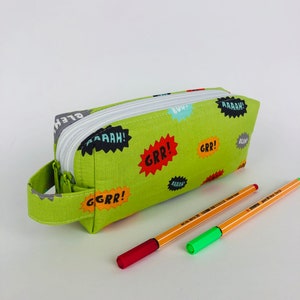 Astuccio con due scomparti con fumetti, astuccio per matite, astuccio per ragazzi, astuccio per ragazzi, verde chiaro