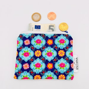 Kleine blaue Geldbörse Retro Blumen kleines Portemonnaie Geldbeutel