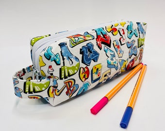 Pencil case with two compartments graffiti writing letters white colorful school cool young boys teenager pencil case box pencil case