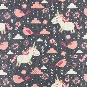 Cotton fabric 0.5 meters pink unicorns forest birds girls clouds sewing fabric children meterware for pillows oekotex 100 cotton gray horses