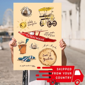 Affiche imprimée Romagne illustrée Italie Romagne Romagne Poésie Palourde Moscone Risciò Piadina