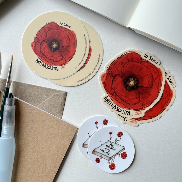 Antifascist Sticker Set • Set of 6 stickers • poppy illustration • book • flowers • red • resistance