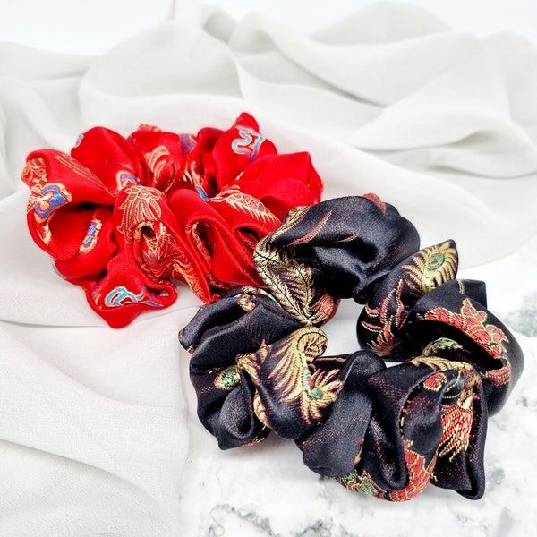 Chinese broc style scrunchies | Lunan New Year Dragon Phoenix hair tie | Red Black fabric scrunchy | Gold details | Handmade gift/present UK