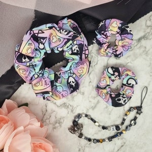 Scream Ghostface, Pastel rainbow matching set | 1 Large scrunchie, 2 Minis | Soft hairband | hair tie accessories | Handmade gift present UK