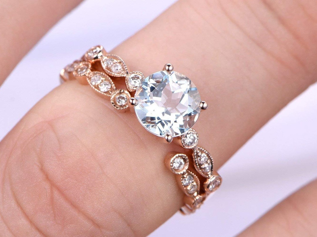 Natural Aquamarine Halo Ring Set Aquamarine Wedding Ring Set Etsy