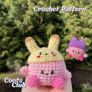 May include: Crochet pattern for a pink and yellow amigurumi character with a yellow bunny hat. The character has black eyes and a small red mouth. The text "Crochet Pattern" is at the top of the image and "Coots Club" is at the bottom.