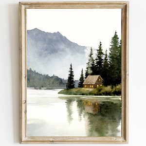 Forest cabin painting mountain lake print Canada landscape watercolor painting large minimalist wall art winter wall decor