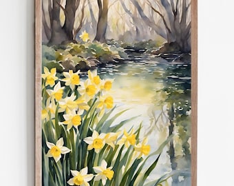 Spring Forest Painting Daffodils Art Print Watercolor Landscape Spring River Large Wall Art Easter Home Decor Neutral Artwork