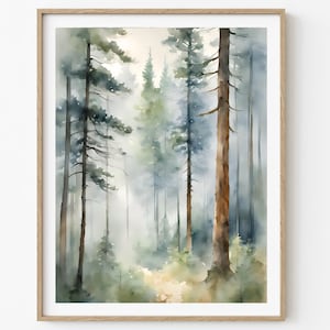 Pine Tree Forest Watercolor Painting Pines Art Print Landscape Painting Misty Forest Poster Large Wall Art Rustic Home Decor