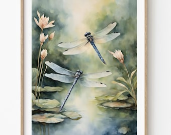 Dragonfly Painting Water Lily Pond Art Prints Watercolor Landscape Lotus Flowers Wall Art Large Floral Artwork