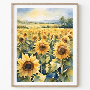 Imágenes de campo de girasoles, pintura de paisaje de verano, imágenes de acuarela, póster grande impreso, decoración artística de pared de girasol