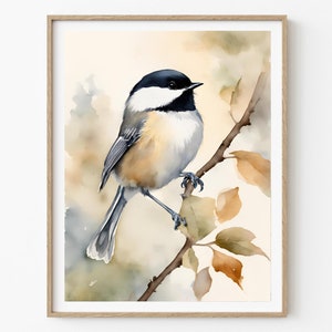 Chickadee Painting Bird Watercolor Art Print Minimalist Wall Art Bird On Branch Artwork Large Neutral Wall Decor
