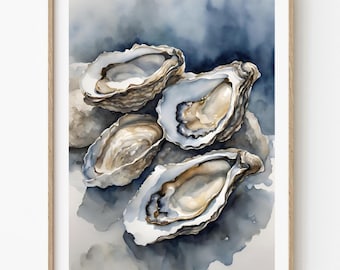 Oyster Painting Watercolor Art Prints Coastal Wall Art Sea Shell Print Minimalist Poster Blue Gray Beige Artwork