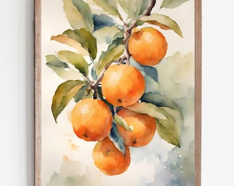 Orange Tree Painting Clementine Art Print Watercolor Oranges Wall Art Citrus Fruit Kitchen Wall Decor Orange Tree Branch Artwork