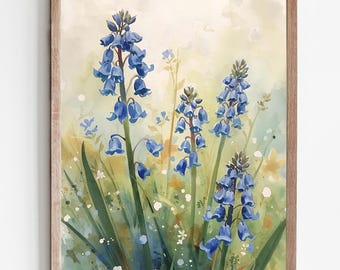 ブルーベルの絵画 花 水彩画 ブルーベル 壁アート 植物プリント 大きな