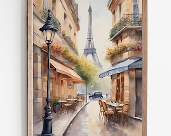 Paris Painting Eiffel Tower Watercolor Art Print France Cityscape Paris Street Cafe Scene Illustration Wall Decor Large Wall Art