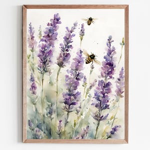 Bee Painting Lavender Art Print Watercolor Landscape Flower Meadow Wall Art Honey Bee Artwork Farmhouse Wall Decor