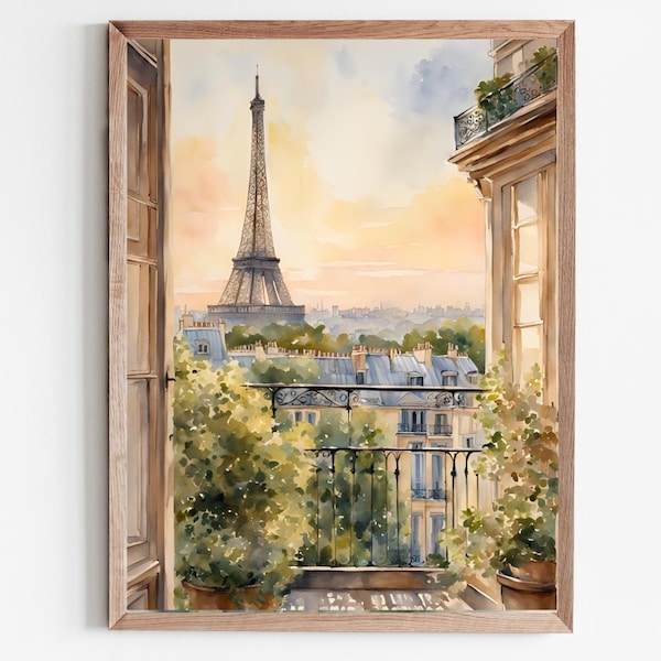 Póster de París con vista al balcón, pintura en acuarela, puesta de sol en Francia, Torre Eiffel, pintura impresa, arte de pared grande, regalo de arte de viaje