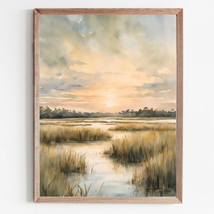 Marsh Sunset Painting Lowcountry Watercolor Landscape Art Print Salt Marsh Wall Art Charleston Artwork Beige Yellow Blue Poster