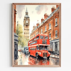 Pôster de Londres, pintura em aquarela, fotos do Big Ben, pôster de viagem, imagens de ônibus de ruas de Londres, imagem em aquarela, arte impressa, presente, Inglaterra