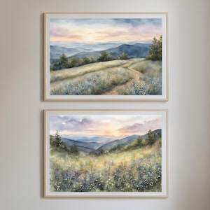 Conjunto de imágenes de montañas, acuarelas, láminas artísticas, póster de bosque de montaña, conjunto de 2 piezas, paisaje, atardecer, decoración de pared, sendero de senderismo.
