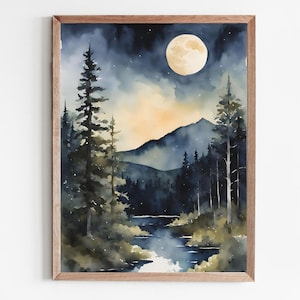 Full Moon Prints Night Sky Forest Painting Mountain Landscape Moon & Stars Wall Art Pine Tree Watercolor Woodland Forest Artwork