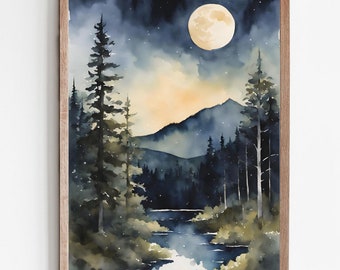 夜空の水彩画 アパラチア山脈の風景 アートプリント 月 松林 ウォール