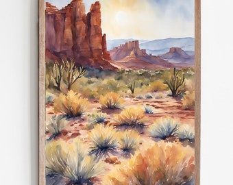 Arizona Desert Print Watercolor Landscape Art Print Saguaro Desert Painting Arizona Travel Poster Large Wall Art