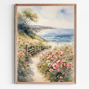 Roses sauvages plage paysage photos aquarelle impression paysage marin peinture mer photos salon art moderne affiche