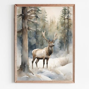 Deer Painting Snowy Forest Wall Art Winter Landscape Pine Trees Watercolor Art Print Neutral Christmas Wall Art Rustic Home Decor