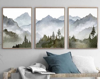 Blue mountain wall art set Mountain forest art prints Panoramic landscape Watercolor painting print 3 piece Minimalist wall decor