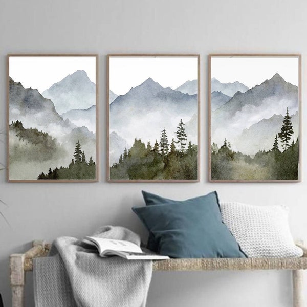 Blue mountain wall art set Mountain forest art prints Panoramic landscape Watercolor painting print 3 piece Minimalist wall decor