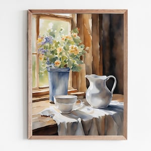 Impresión de acuarela de cocina campestre, imágenes de flores de lata de leche, pintura rústica de naturaleza muerta, escena de pueblo, póster artístico de pared grande