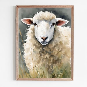 Retrato de ovejas pinturas de acuarela imprimir imágenes casa de campo granja animal pintura gran pared arte gris beige decoración del hogar rústico