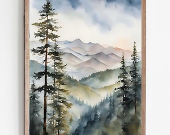 Imágenes de montañas, bosques, paisajes, acuarela, pintura, arte, impresión, bosque de pinos, acuarela, imágenes, póster, arte moderno