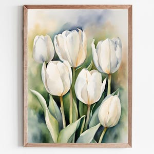 Tulipes blanches Photos Fleurs de printemps Peinture Aquarelle Peintures Printemps Art Imprimer Cadeau Pâques Maison de campagne Décoration Art abstrait