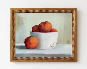 Peach art print original oil painting Peaches in a bowl kitchen art Minimalist wall art Still life neutral farmhouse decor fruit art