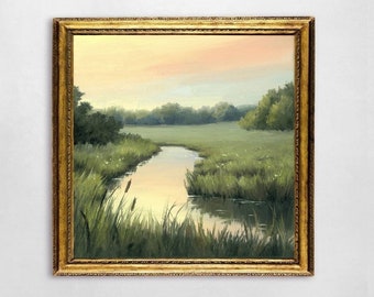 Oil painting landscape fine art print sunset river wall art 10x10 meadow painting countryside landscape sunrise wall art small landscape