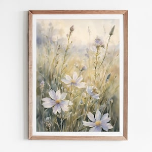 Sunrise daisy field art print wildflowers painting neutral landscape meadow wall art large wall art farmhouse wall decor