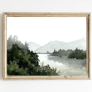 Foggy lake wall art mountain lake watercolor painting neutral green wall decor panoramic landscape misty morning lake art print