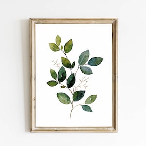 Blue green leaves print laurel watercolor painting large minimalist wall art country home decor
