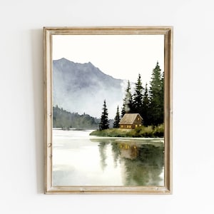 Berghütte Bild Waldsee Aquarell Malerei abstrakte Landschaft Kunstdruck Bilder Wohnzimmer Haus am Waldrand Aquarellbilder Druck