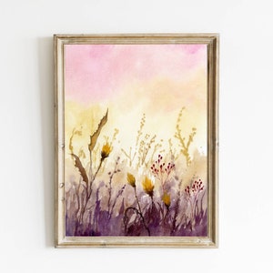 Wildflowers art print watercolor meadow painting pink yellow abstract landscape fine art print flower field poster sunset wall art