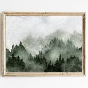 Nebeliger Wald Aquarell Druck Berge Tannenwald Bilder Wohnzimmer Panorama Landschaft dunkel grün