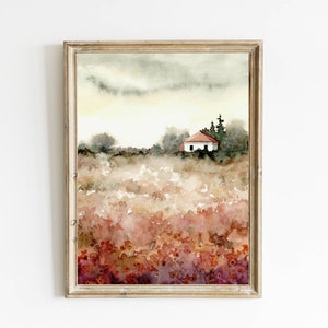 Flower meadow house print abstract landscape watercolor painting forest cabin wall art rustic home decor red orange farmhouse wall art