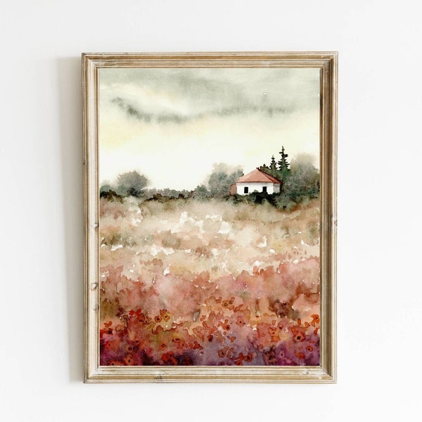 Fleur prairie maison impression aquarelle paysage art abstrait images salon vert orange rouge aquarelle images paysage abstrait affiche