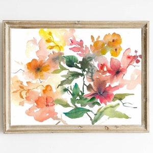 Large floral art print watercolor painting abstract wildflowers poster pink red yellow flowers bloom wall art