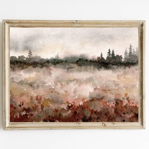 Blumenfeld am Wald Landschaft Aquarellbilder Druck abstrakte Kunst große Panorama Poster horizontal Wand Deko rustikal beige rot braun