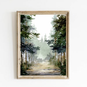 Forest road watercolor painting pine tree art prints forest walk wall art rustic home decor green beige wall art teal forest painting