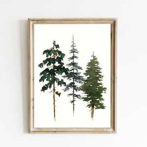 Pine tree wall art Evergreen tree print minimalist watercolor painting forest pine tree art lake house gift green brown wall decor